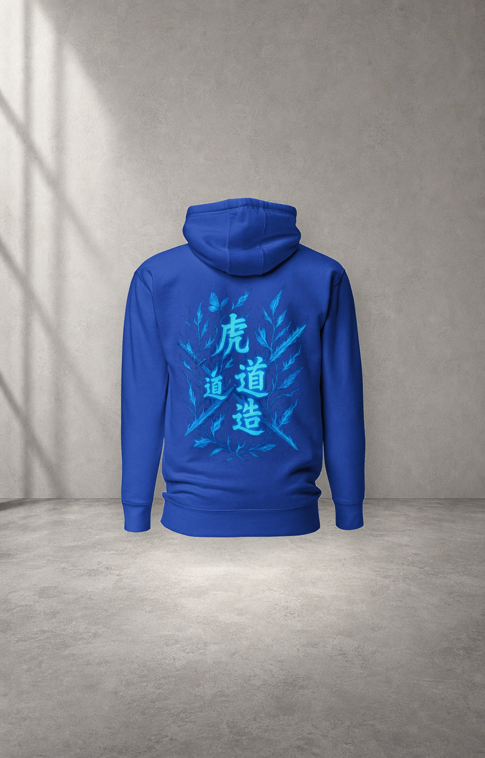Azure Blade blue graphic hoodie back studio product view