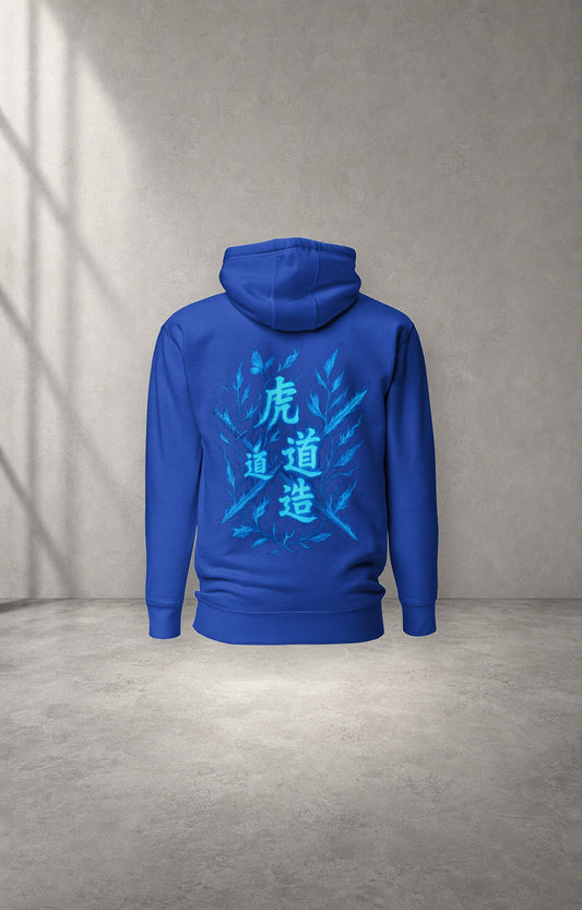Azure Blade blue graphic hoodie back studio product view