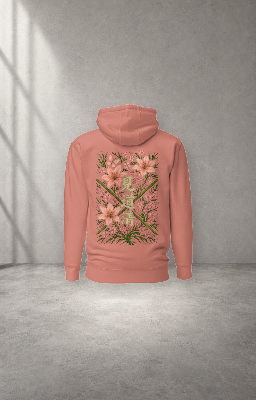 Blossom Petals pink graphic hoodie back studio product view
