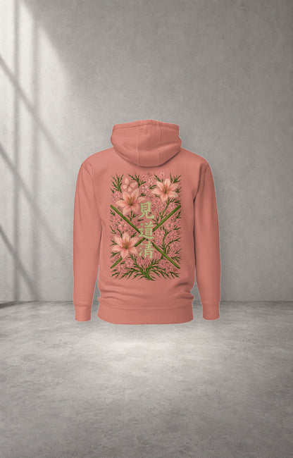 Blossom Petals pink graphic hoodie back studio product view