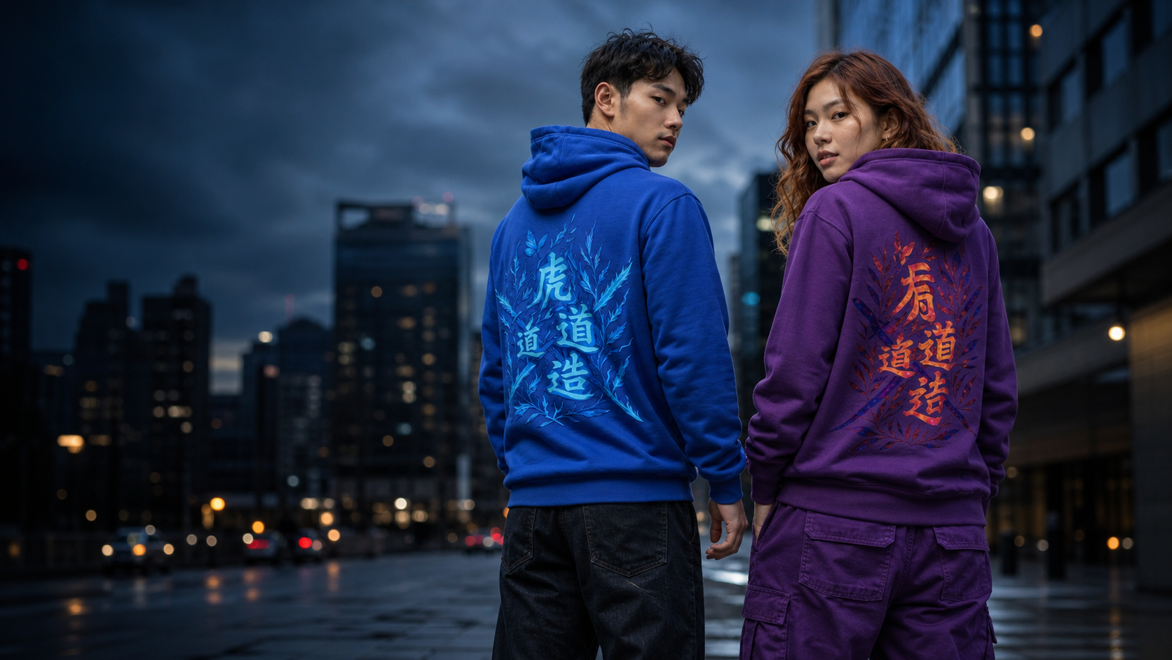 Two models wearing blue and purple FORGEXZ graphic hoodies on a city street