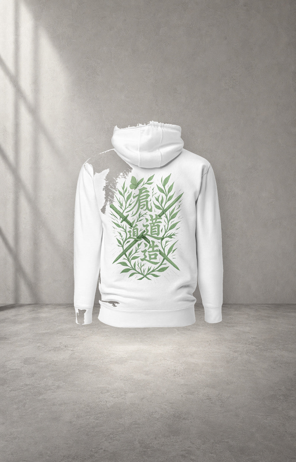 Leaf Blade white and green graphic hoodie back studio product view