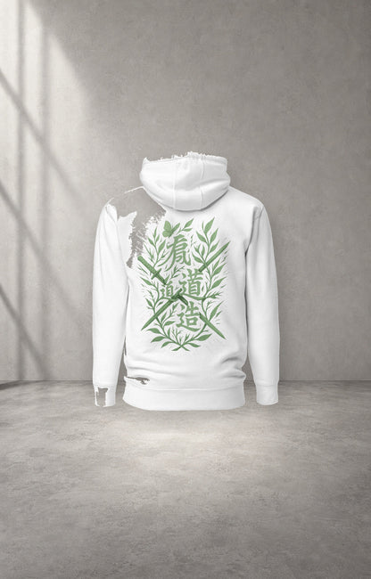 Leaf Blade white and green graphic hoodie back studio product view