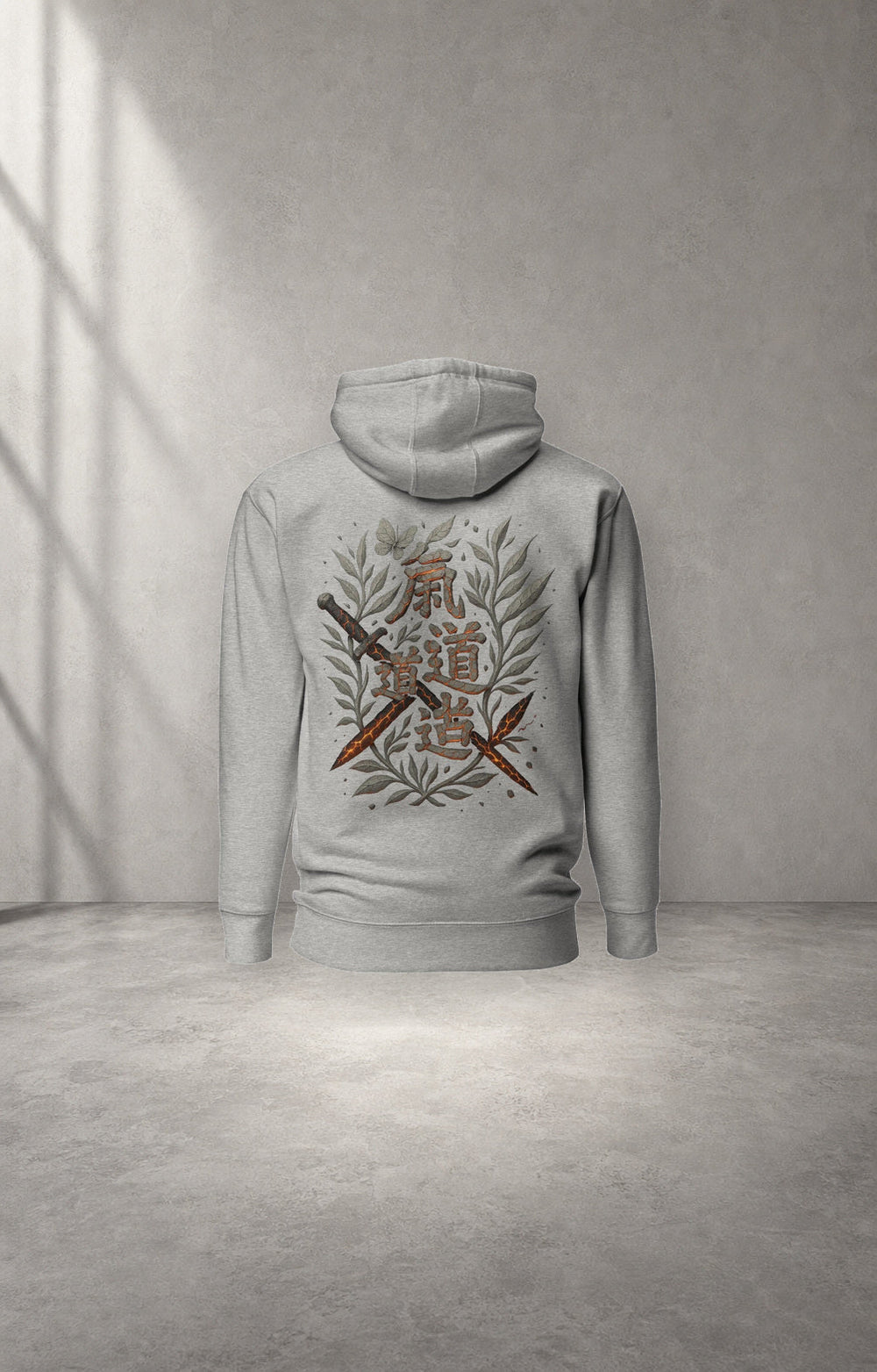 Magma Blade gray graphic hoodie back studio product view