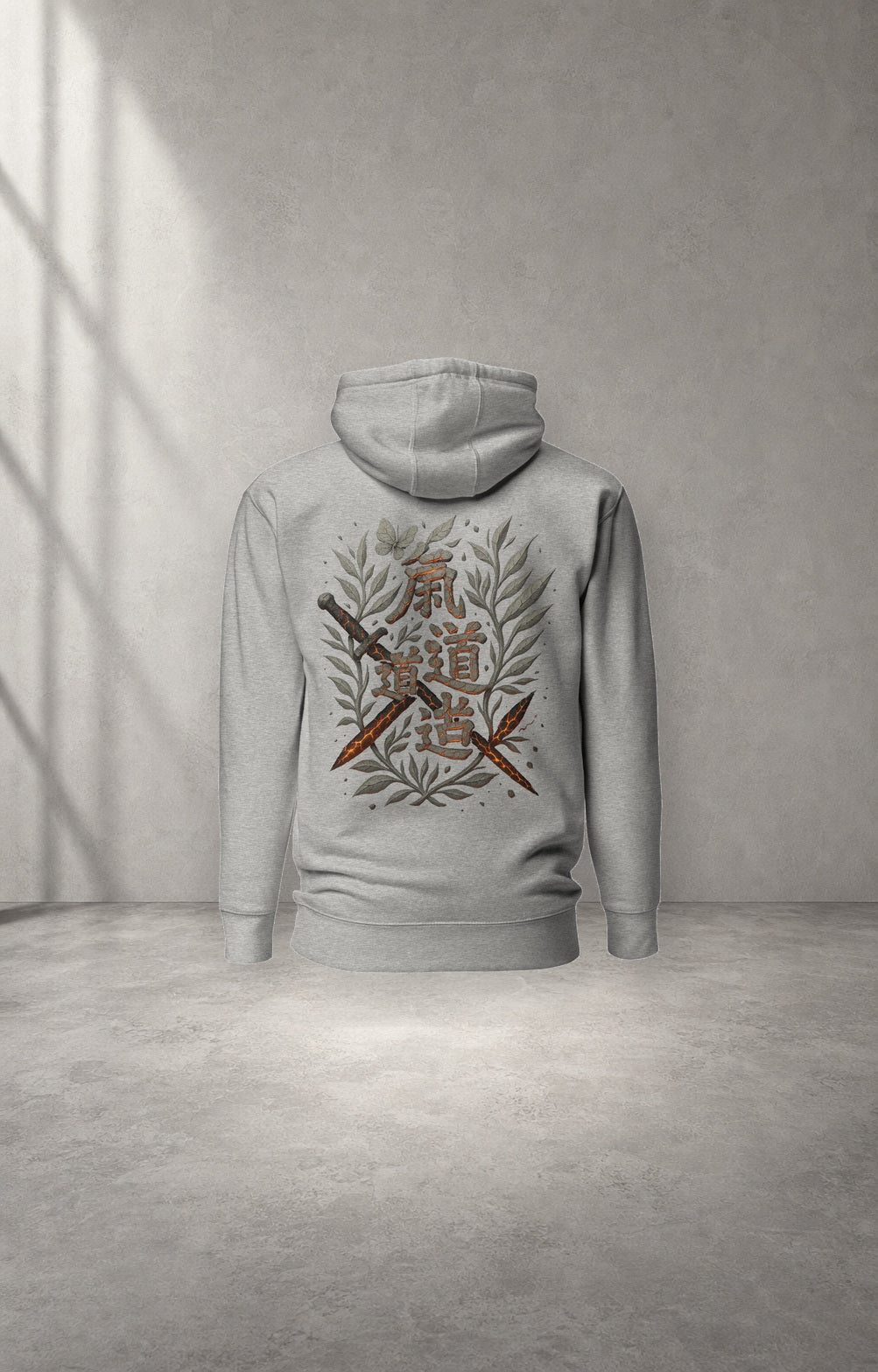 Magma Blade gray graphic hoodie back studio product view