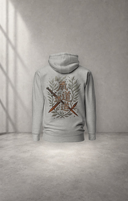 Magma Blade gray graphic hoodie back studio product view