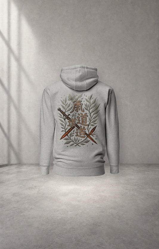 Magma Blade gray graphic hoodie back studio product view