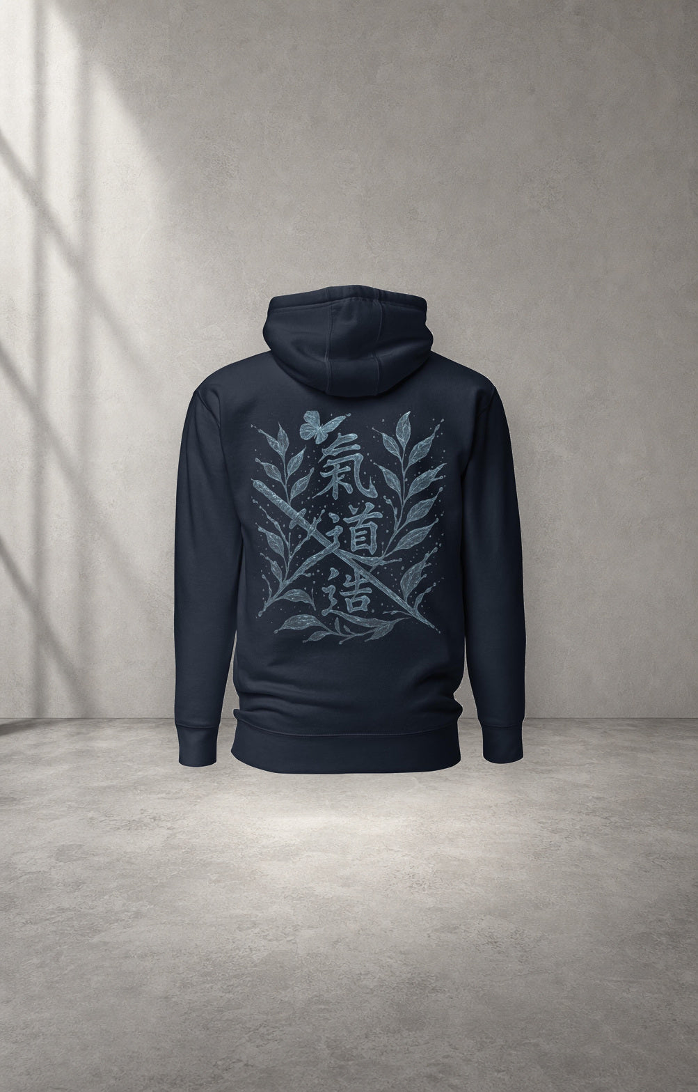 Splash Slash navy graphic hoodie back studio product view