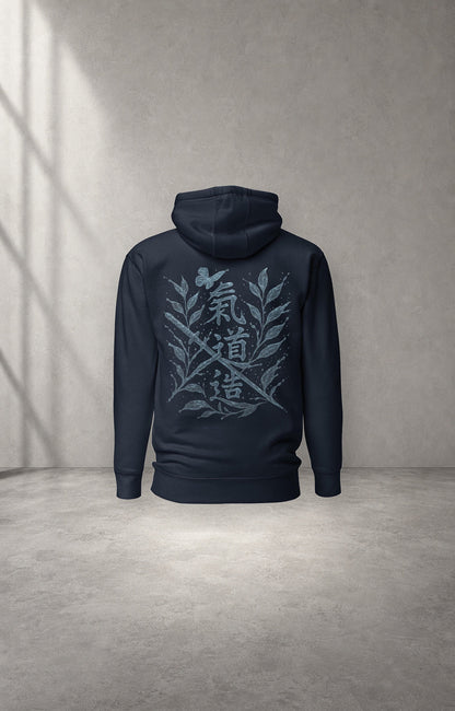 Splash Slash navy graphic hoodie back studio product view